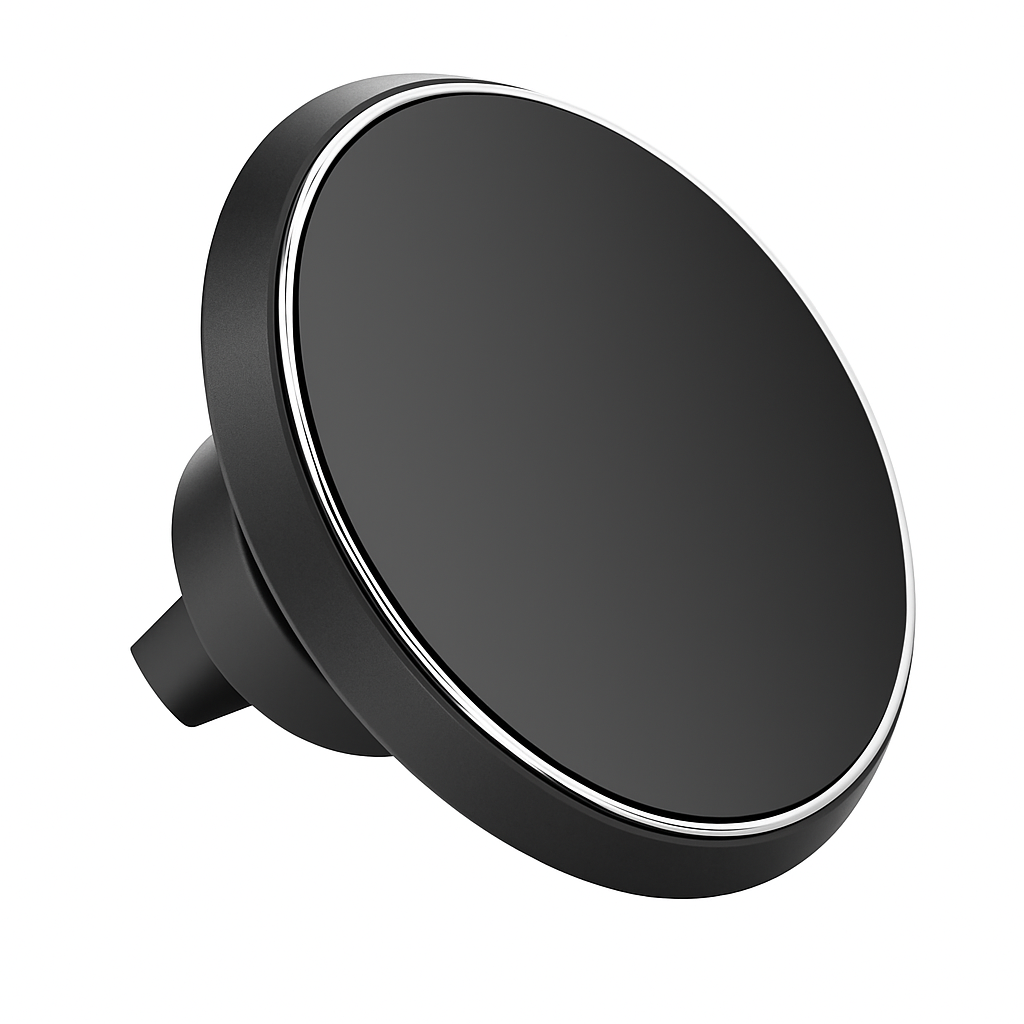 Black magnetic wireless car charger and phone mount with a silver ring and vent clip