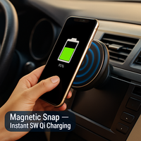 Phone snapped onto the magnetic wireless car charger on a dashboard vent while charging