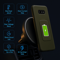 Phone charging on the magnetic mount with icons listing the built-in safety protections