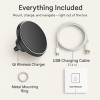 What's included: Qi wireless charger, USB charging cable, metal mounting ring, and user manual