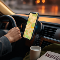 Phone showing a map, mounted on a car dashboard vent while driving